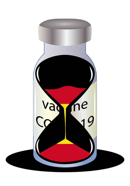 Klepsydra z flagą Hiszpanii na fiolce szczepionki Covid-19. Termin szczepienia przeciwko Covid-19 lub koronawirusowi. - Wektor, obraz