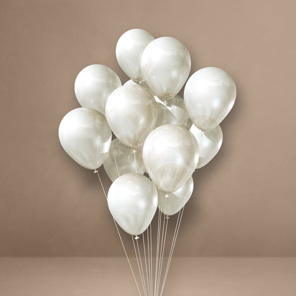 White balloons bunch on a beige wall background. 3D illustration render - Zdjęcie, obraz