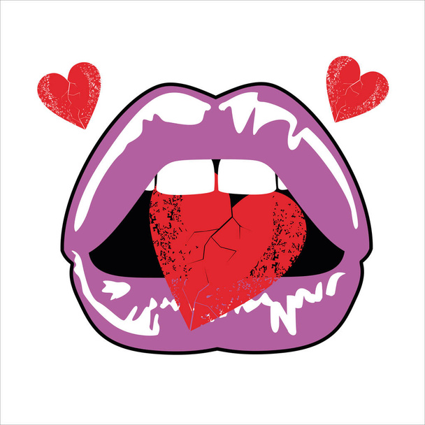 Vektor-Illustration sinnlicher Lippen, die ein rotes Herz testen. Design für valentines T-Shirts, Aufkleber oder Poster. - Vektor, Bild