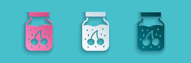 Paper cut Jam jar icon isolated on blue background. Paper art style. Vector. - ベクター画像