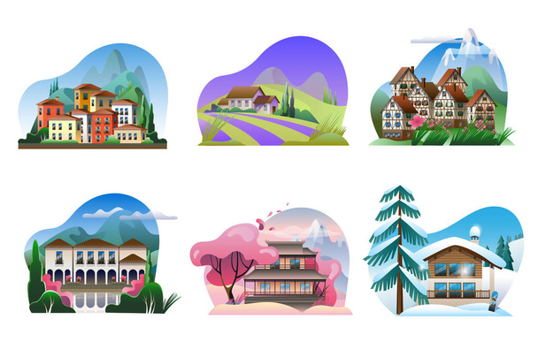 Eine Reihe von Bildern von Dorfhäusern in verschiedenen Architekturstilen. - Vektor, Bild