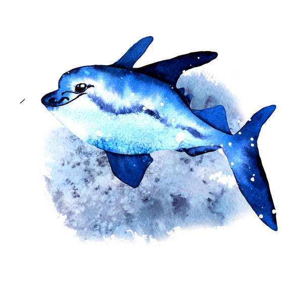 Акварельно голубая рыба. иллюстрации в простом реалистичном стиле для Вашего дизайна и печати. - Фото, изображение