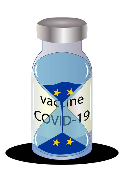 Termin szczepienia w Unii Europejskiej lub UE przeciwko Covid-19. Fiolka szczepionki przeciwko Covid-19 z klepsydrą i flagą Europy - Wektor, obraz