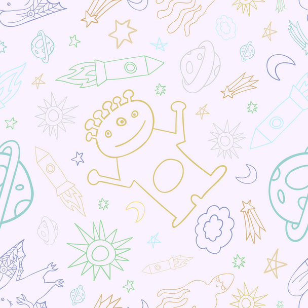 Nahtloses Vektormuster buntes Design des Weltraums mit ausgekleideten Außerirdischen, Raketen in Pastelltönen - Vektor, Bild