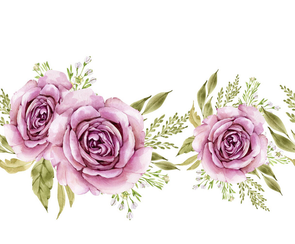 seamless border with watercolor pink rose flowers. isolated on white background hand painted, for weddings and invitations - Photo, image