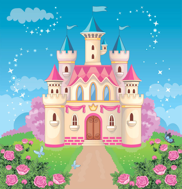 プリンセス、魔法の王国のためのおとぎ話の城。素晴らしい背景のヴィンテージタワー。女の子のおもちゃの宮殿。花の牧草地。不思議の国。子供漫画のイラスト。ロマンチックな話だ。ベクトル. - ベクター画像