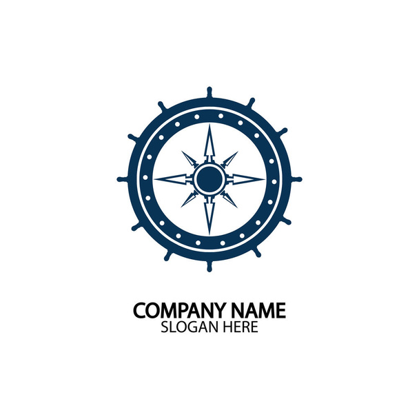 船のステアリングホイールとコンパスローズナビゲーションシンボルまたは白い背景に隔離されたロゴ-ベクトル図 - ベクター画像