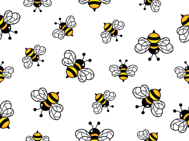 Rajzfilm méhek zökkenőmentes minta. Méhecske repül fehér háttérrel. Vektorillusztráció. - Vektor, kép
