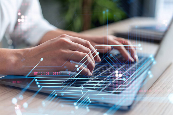 Woman typing the keyboard to create innovative software to change the world and provide a completely new service. Close up shot. Hologram tech graphs. Concept of Dev team. Formal wear. - Photo, Image