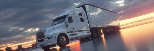 Semi Truck In Motion. Truck closeup on a highway. Trucking business concept. 3d rendering - Photo, Image