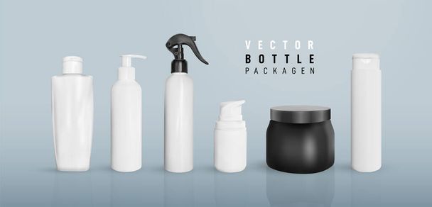 Set of vector various blank. Cosmetic container mock-ups, cream tube, including jar, pump bottle, and dropper. Cosmetic blank packages. Black and white vector elements, isolated on white background. - Vector, Image
