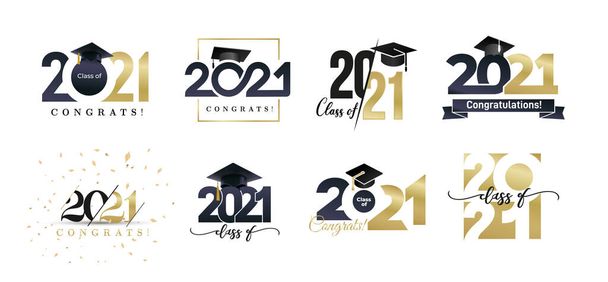 A 2021-es évfolyam jelvényei. Gratulálok a diplomások tervezési koncepciójához. Arany és fekete ballagási logó készlet. Sablon web, oldal, kártyák, nyomtatás, meghívók, pecsét vagy bélyegző. Vektoros címkék gyűjteménye. - Vektor, kép