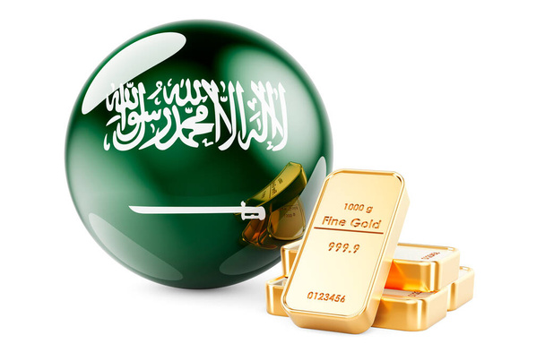 Lingotes dourados com bandeira da Arábia Saudita. Reservas cambiais do conceito da Arábia Saudita. 3D renderização isolada no fundo branco - Foto, Imagem