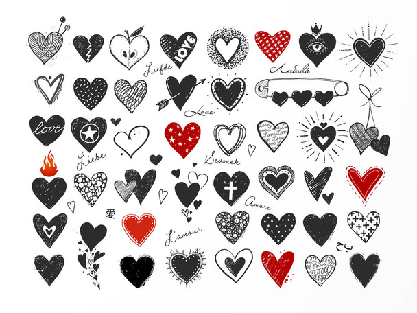 Collection of black and red doodle sketch hearts on white background. "Love" inscription in different languages - Vector, imagen