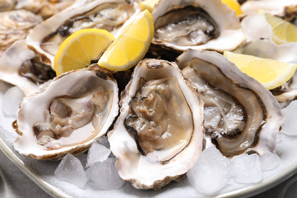 Fresh oysters with lemon and ice on plate, closeup - Фото, изображение