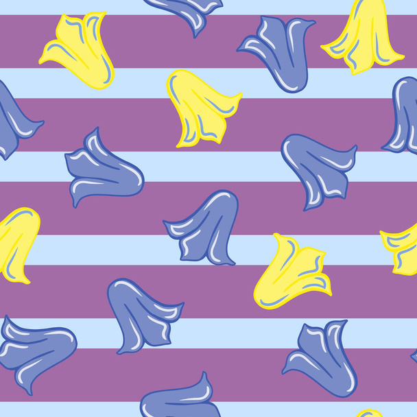Bloom seamless pattern with blue and yellow random tulip buds silhouettes. Purple striped background. Flat vector print for textile, fabric, giftwrap, wallpapers. Endless illustration. - Vecteur, image