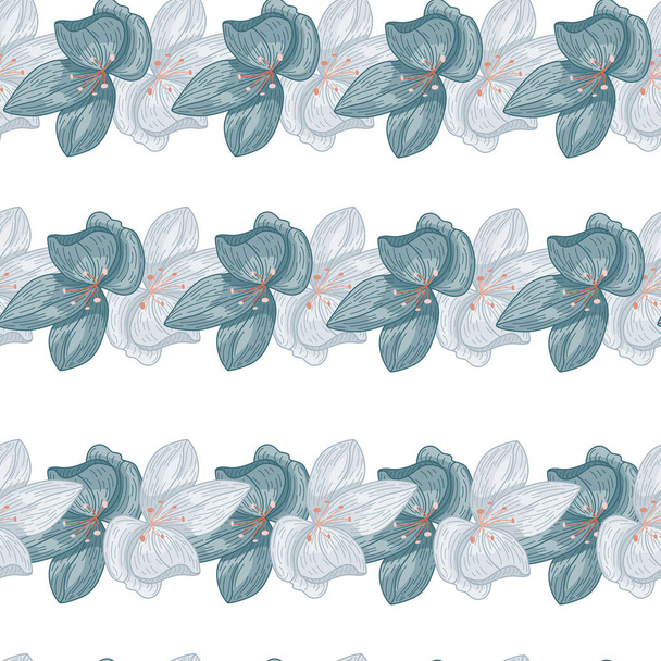 ネイビーブルーの輪郭蘭の花の要素と装飾的なシームレスパターン。白地だ。シンプルなスタイル。包装紙や布のテクスチャのためのグラフィックデザイン。ベクターイラスト. - ベクター画像