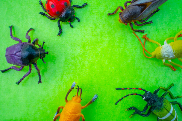 Muoviset hyönteisten lelut värillisellä taustalla - Valokuva, kuva