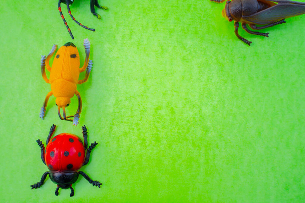 Muoviset hyönteisten lelut värillisellä taustalla - Valokuva, kuva