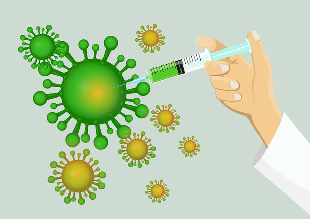 Vakcina fecskendőt tartó kéz. COVID-19 vírus befecskendezése A COVID-19 vírus kórokozóját a coronavirus fertőzés megelőzésére, immunizálására és kezelésére használja (betegség 2019, COVID-19, nCoV 2019) - Vektor, kép