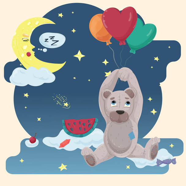 Ilustrační samolepka v dětském kresleném stylu pro výzdobu dětského pokoje, malý medvěd létající na balónech na pozadí loonie a hvězdnaté oblohy - Vektor, obrázek