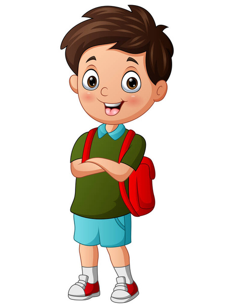Happy school boy with a red backpack - Вектор,изображение