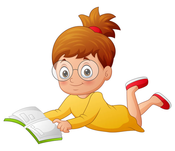 Cartoon κορίτσι φοιτητής που καθορίζουν και διαβάζοντας ένα βιβλίο - Διάνυσμα, εικόνα