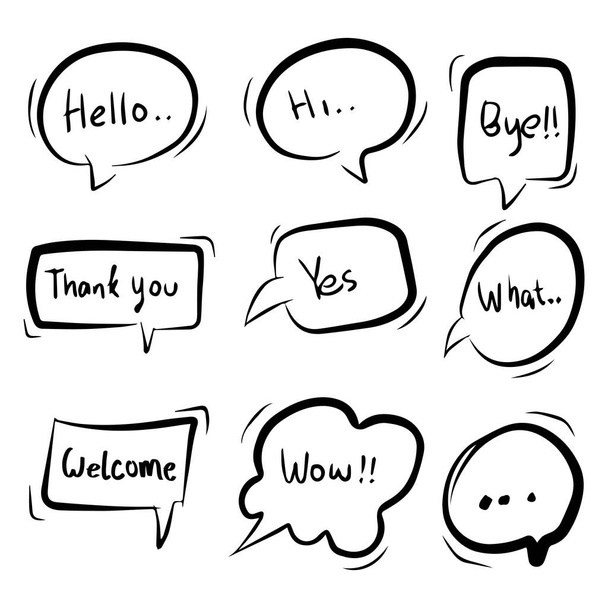 Kelimelerle çizilmiş bir dizi komik konuşma balonu. Merhaba, merhaba, teşekkürler, evet, ne, hoş geldiniz. Doodle vektör illüstrasyonu - Vektör, Görsel