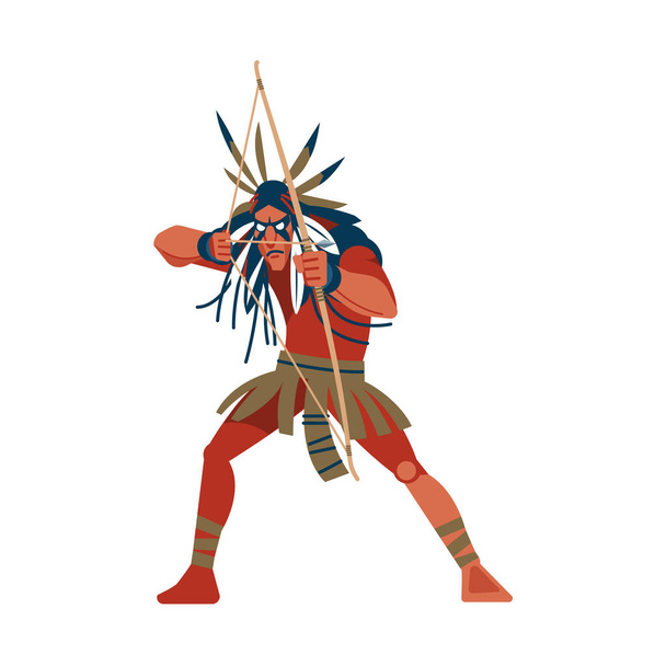 インディアンの戦士は弓を撃ち、部族のメンバーは伝統的な民族服を着て羽で頭バンドを結成した。白地に隔離された漫画、フラットベクトルイラスト - ベクター画像