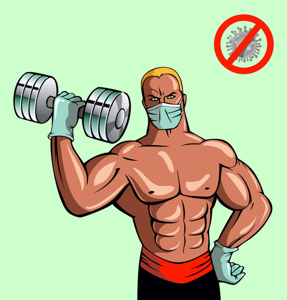 Bodybuilding man builds muscles through tension with dumb bells, with protection, vector illustration - ベクター画像