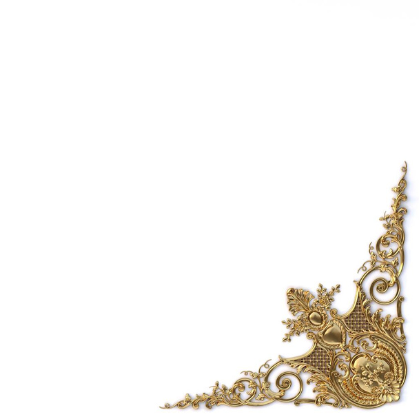 Ilustracja 3D. Klasyczne elementy dekoracyjne w stylu barokowym w formie prostokątnej ramy. Świąteczny wystrój złotych elementów odizolowanych na białym tle.Cyfrowe ilustracje. Złota ramka - Zdjęcie, obraz