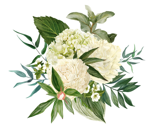 Lush bouquet composed of white flowers and greenery - Vector, afbeelding