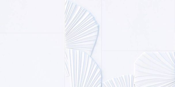3 d illustratie, abstracte achtergrond. Volumetrische semi-rechthoeken van verschillende grootte met het reliëf van palm, tropische bladeren. 3d paneel achtergrond afbeelding op een tropisch thema .Render.white paneel - Foto, afbeelding