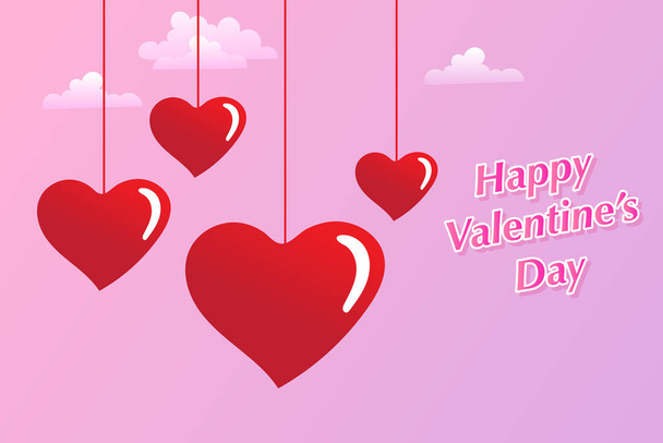 Плакат на День святого Валентина с красными сердцами и облаками на розовом фоне. Баннер в честь Дня Святого Валентина. Векторная иллюстрация - Вектор,изображение