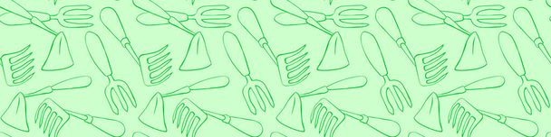 Seamless pattern with hoes. Hand drawn outline vector background and texture in doodle style, isolated. Gardening tools for working in the garden, on the farm, in the dacha, country site. - Vector, Image