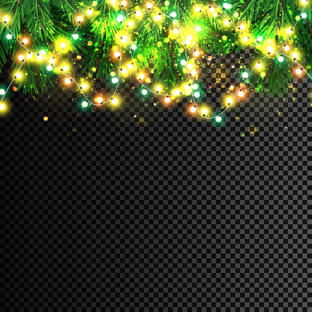 Noel ışıkları gerçekçi tasarım unsurlarını izole etti. Noel tatili tebrik kartı tasarımı için parlayan ışıklar. Çelenkler, Noel süsleri. - Vektör, Görsel
