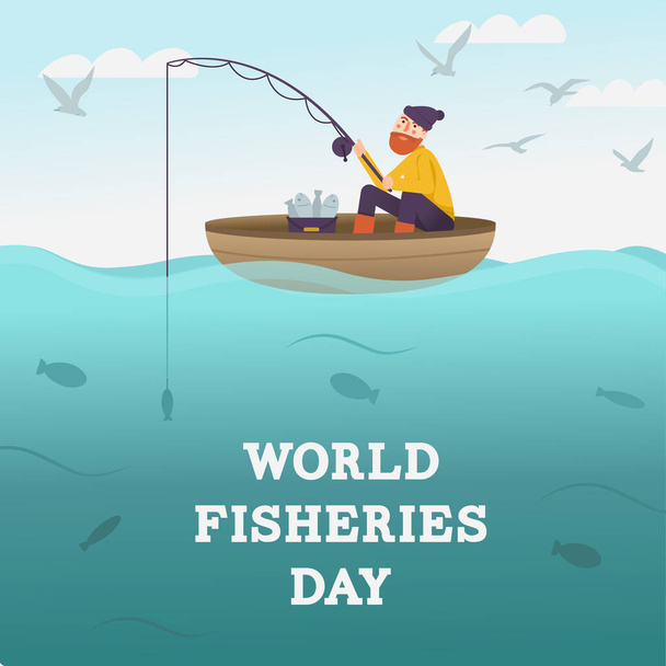世界漁業の日。漁師は海で釣竿を持っている。魚を捕まえる。水中で魚や空にカモメ。漫画のキャラクターを持つカードやポスター。ベクトルフラットバナー. - ベクター画像