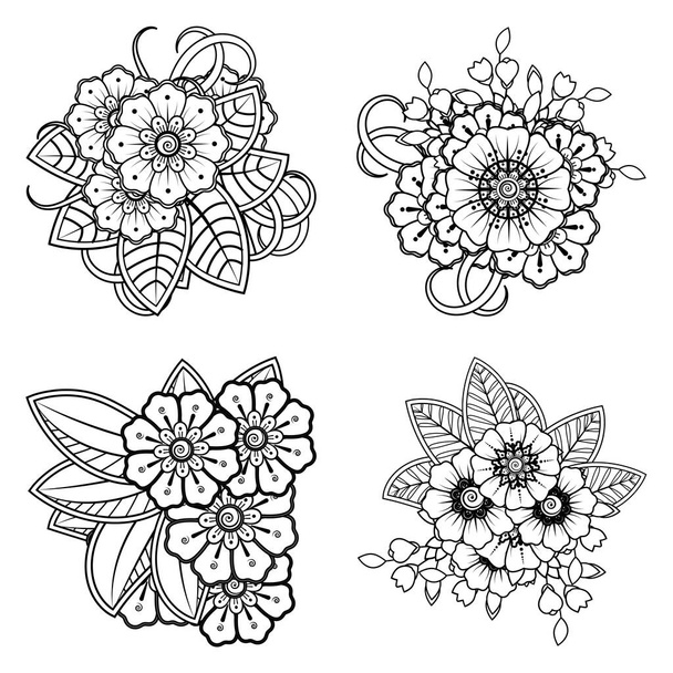 Set of Mehndi flower for henna, mehndi, tattoo, decoration. decorative ornament in ethnic oriental style. doodle ornament. outline hand draw illustration. coloring book page. - Vector, afbeelding