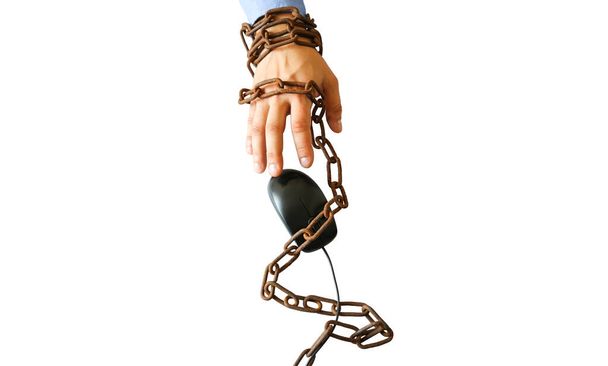Man's hands in old rusty chains. Isolated on white background. In the trap of office work. Routine job. Manager near the laptop. - Photo, Image