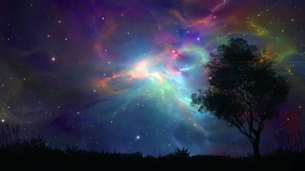 space animation with stars and colorful lines in sky with grass and tree silhouettes on foreground - Footage, Video