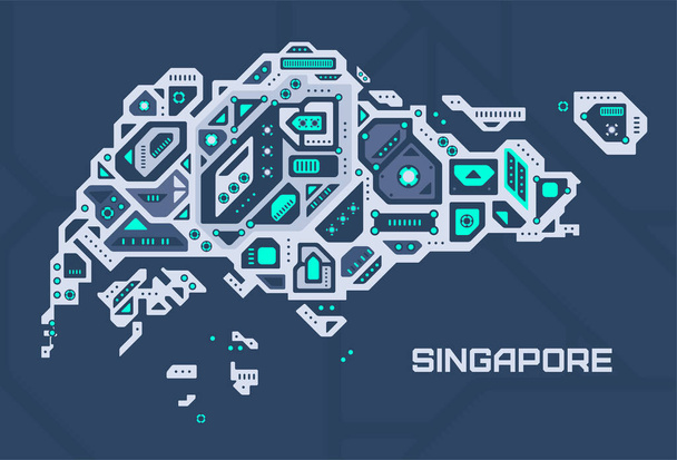 Abstract futuristic map of Singapore. Mechanical circuit of the country. Technology space background. - Vector, Image