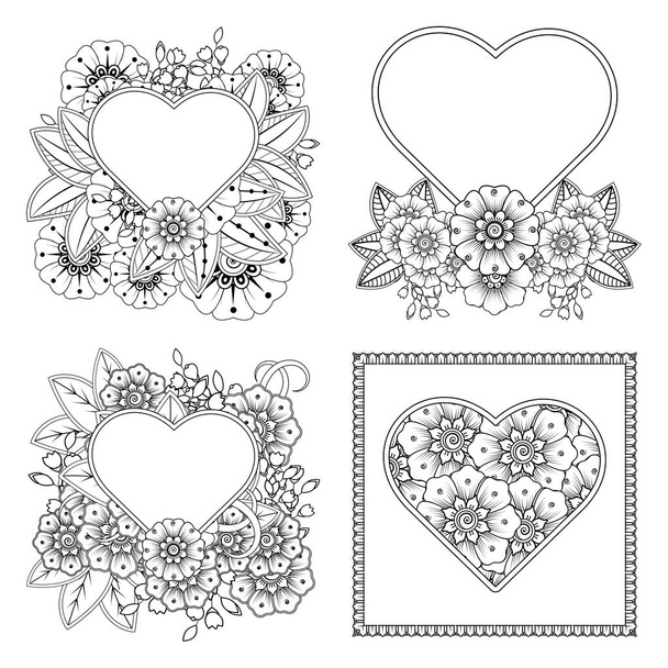 Set of Mehndi flower for henna, mehndi, tattoo, decoration. decorative ornament in ethnic oriental style. doodle ornament. outline hand draw illustration. coloring book page. - Vector, Image