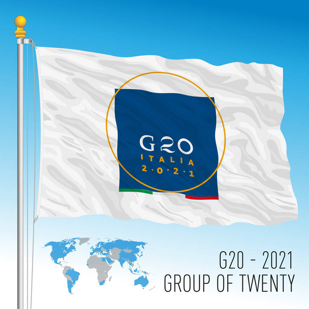G20 Италия 2021, флаг с логотипом, векторная иллюстрация - Вектор,изображение