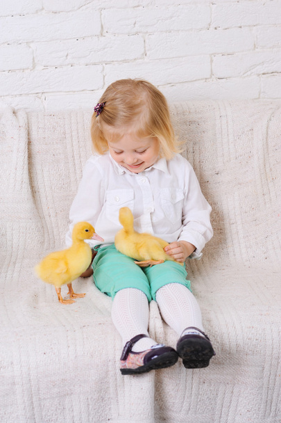 Girl sitting with ducklings - Fotó, kép