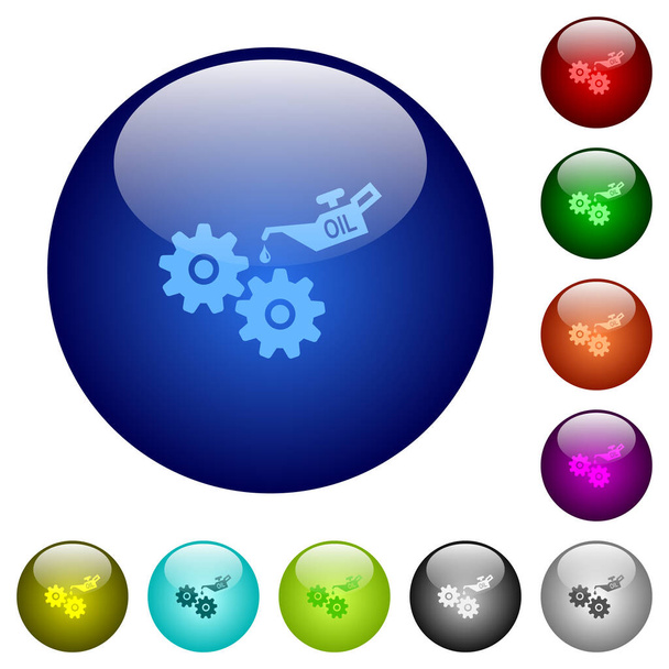 Huileur peut et engrenages icônes sur des boutons ronds en verre dans plusieurs couleurs. Structure en couches disposées - Vecteur, image