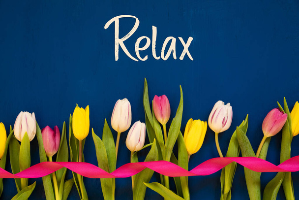 Colorful Tulip, Text Relax, Ribbon, Blue Background - Foto, imagen