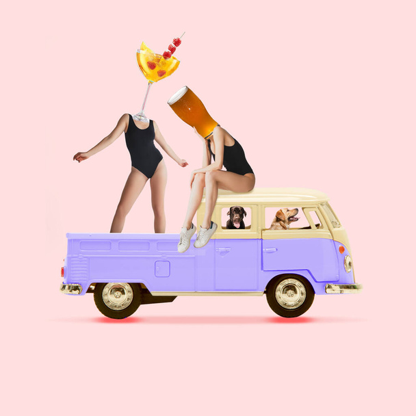 Contemporary art collage, modern design. Party mood. Women headed by cocktail and beer glasses riding on car - Zdjęcie, obraz