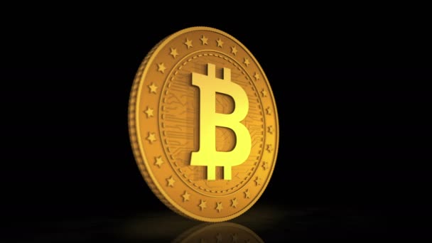 Bitcoin cryptocurrency 3d χρυσό νόμισμα στο φόντο. Περιστροφή χρυσό μέταλλο αφηρημένη έννοια animation συναλλαγή BTC και τεχνολογία blockchain. - Πλάνα, βίντεο