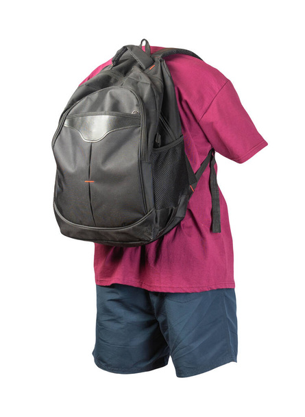 black backpack,dark blue sports shorts, burgundy t-shirt isolated on white foane. clothes for every day - Photo, image