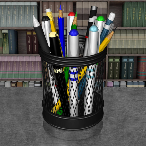 3d illustration . Pen holder and pens isolated on desk  - Photo, Image